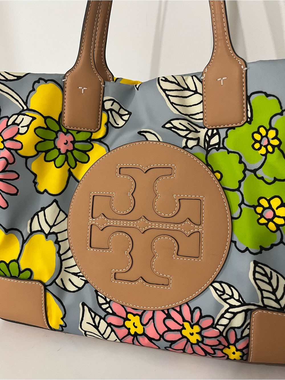 Tory Burch Pastel Floral Logo Tote in Light Blue and Tan - Picture 5 of 8